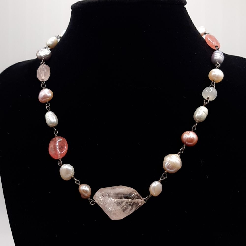 Handmade Freshwater pearl, and crystal, and silver bead necklace.